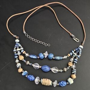 Vintage Artisan Boho Blue Tan Glass Wood Metal Beaded Leather Layered Necklace